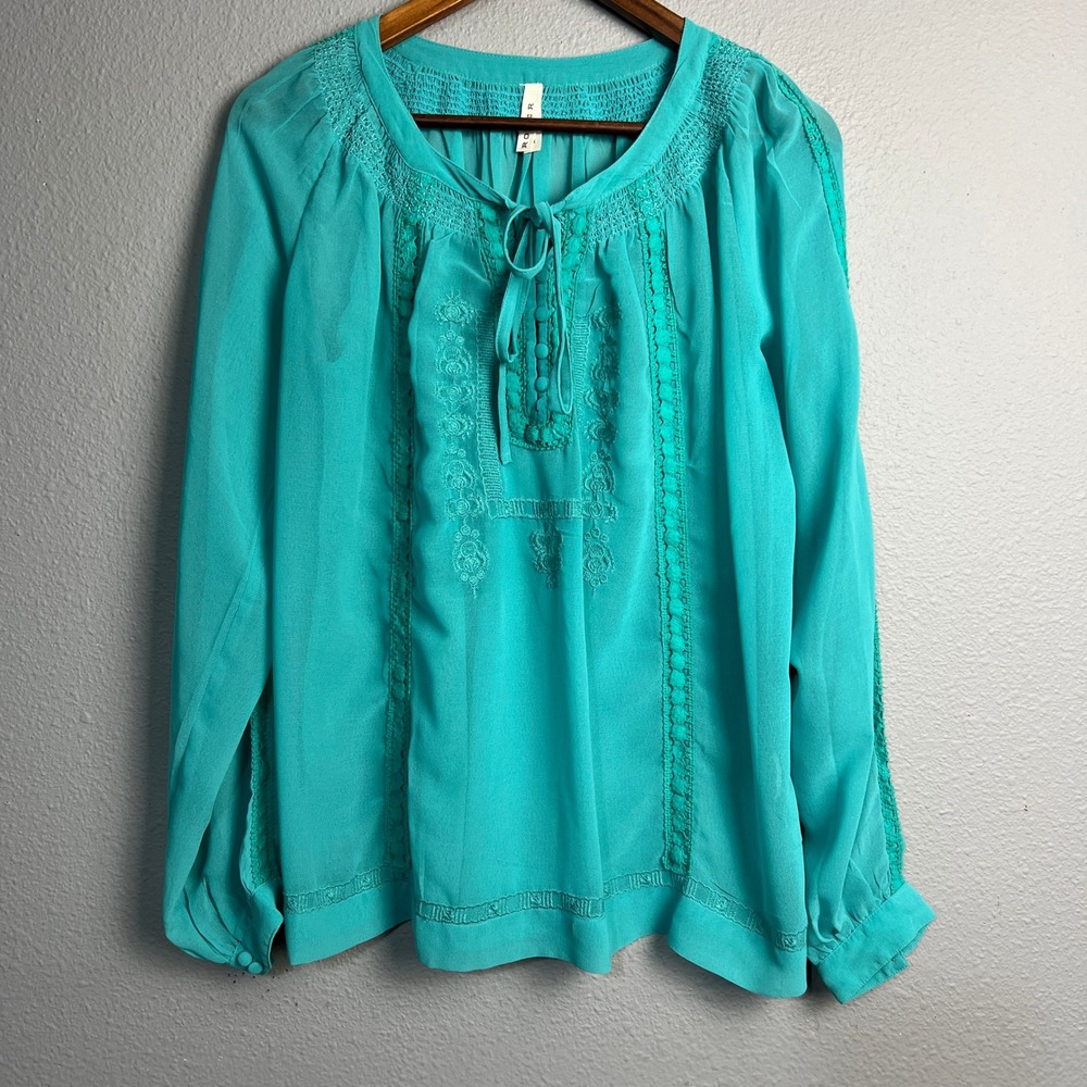 Roper Western Womens Medium Turquoise Embroidered Peasant Long Sleeve Blouse Top